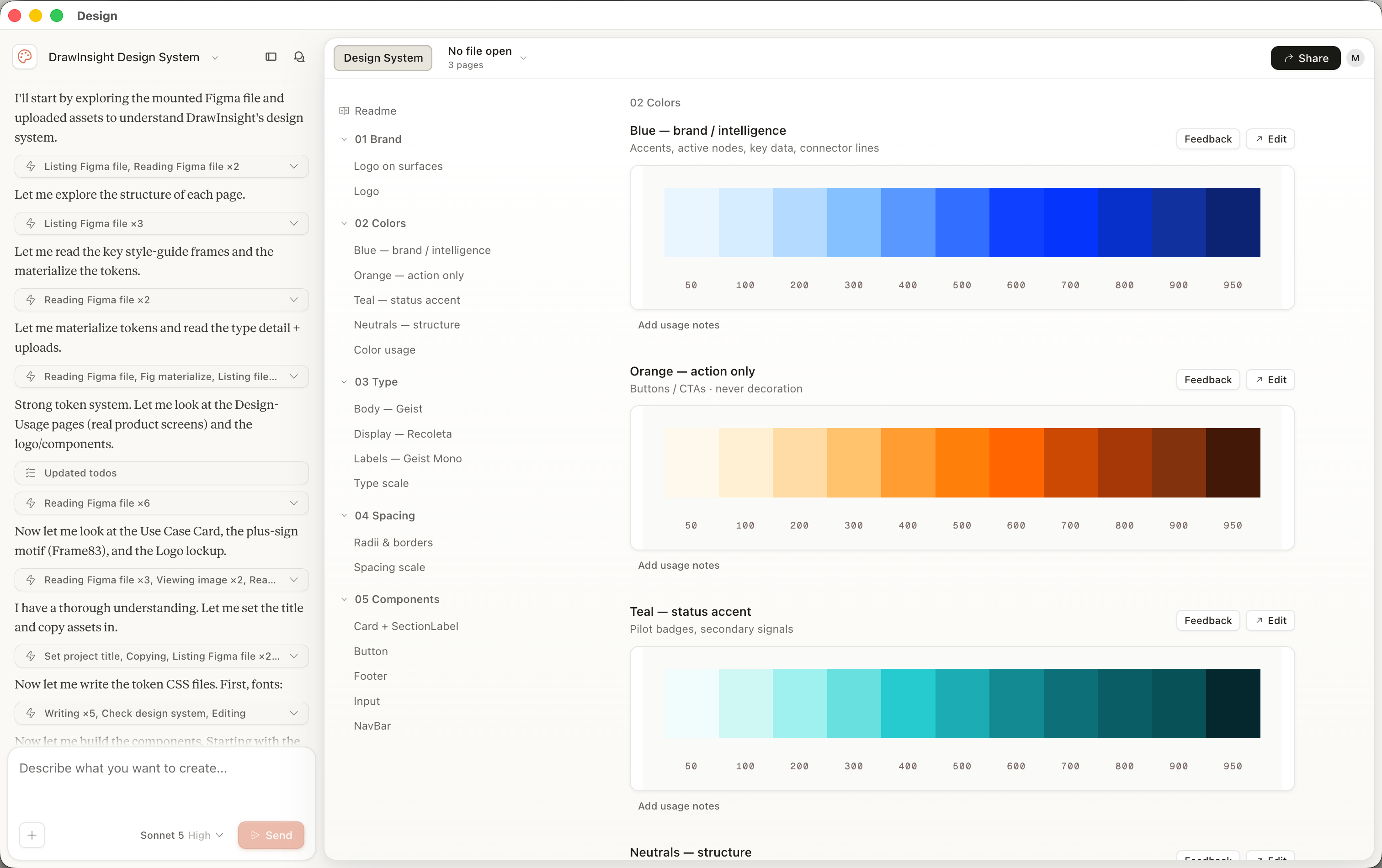 DrawInsight's Claude-generated design system, showing typography, color, and component tokens