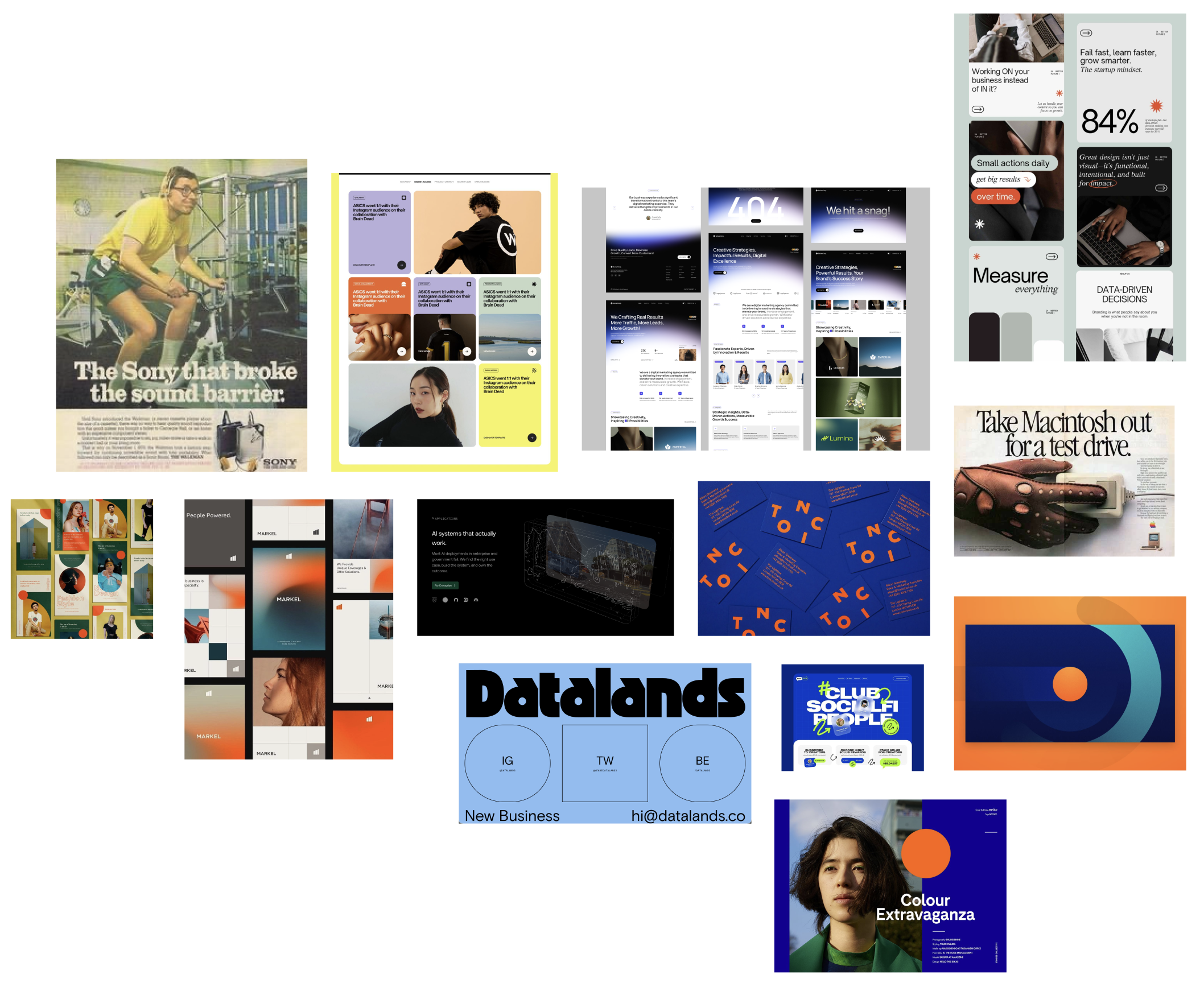 Design inspiration board blending vintage computer ads with modern product UI