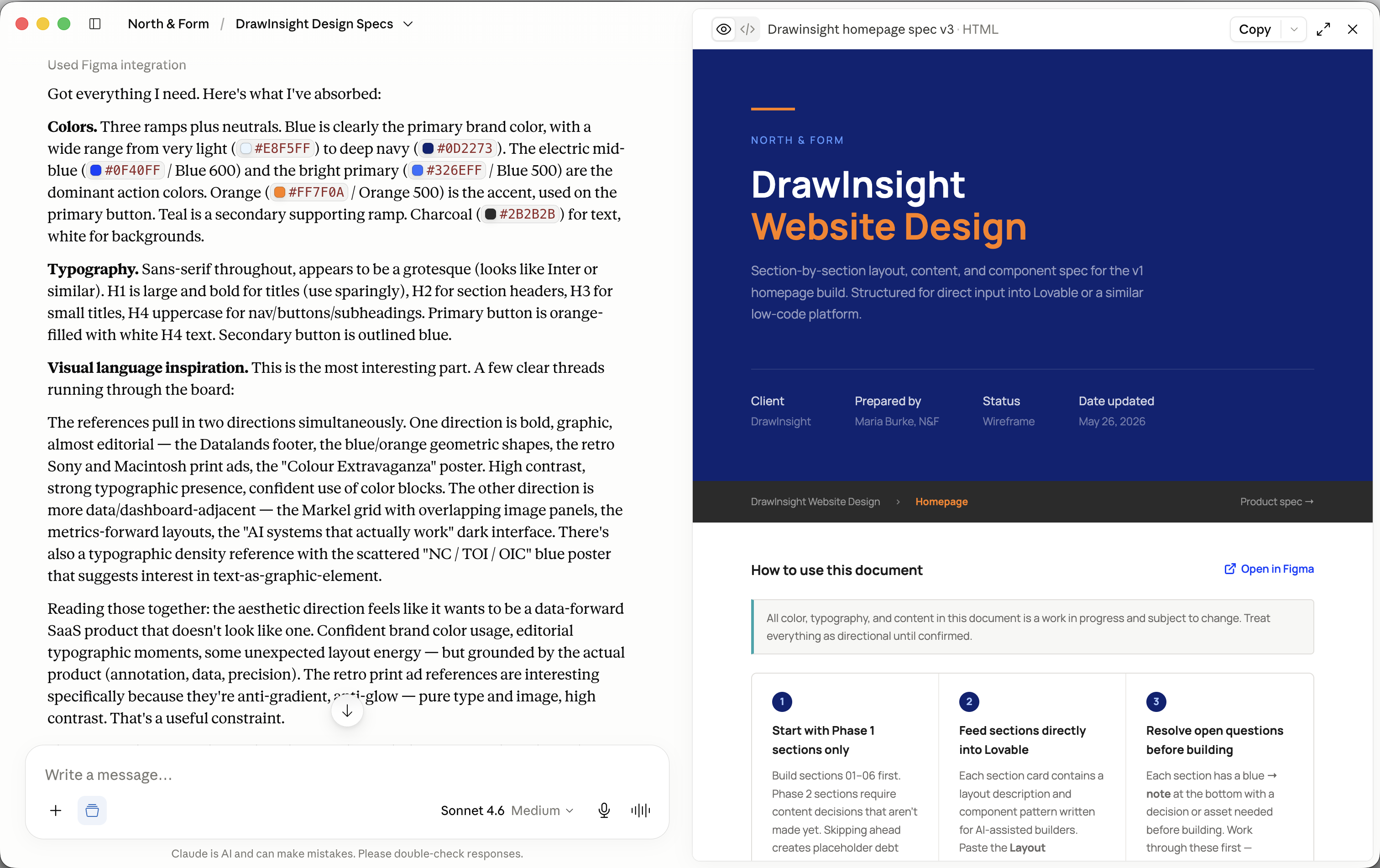 Claude-generated specs translating design decisions into build-ready instructions for Lovable